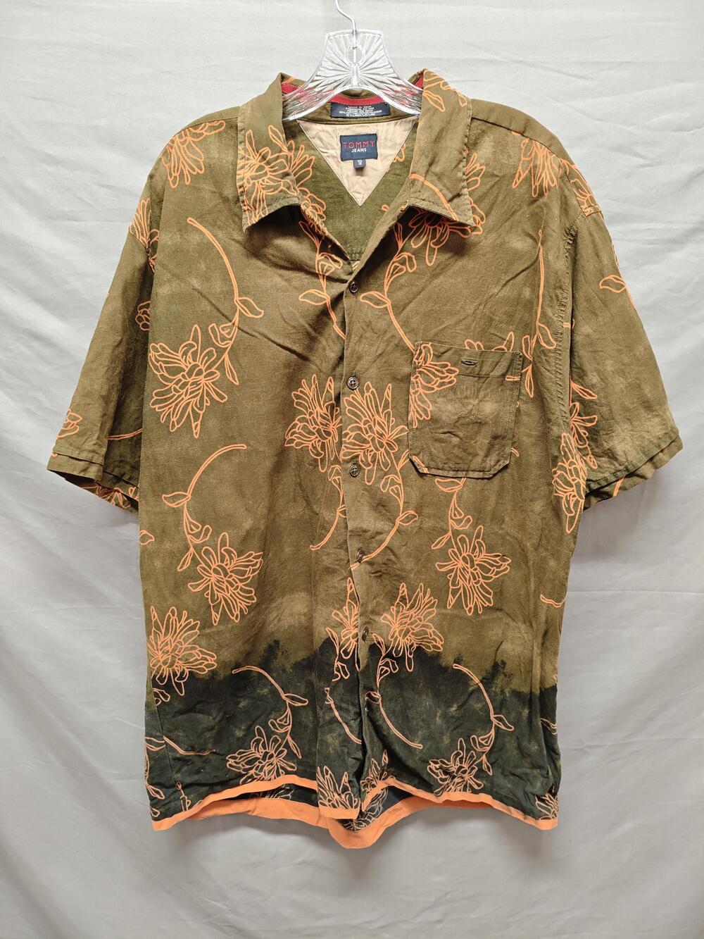 Tommy Jeans Shirt Mens XL Green Orange Floral Button Front Short Sleeve Casual
